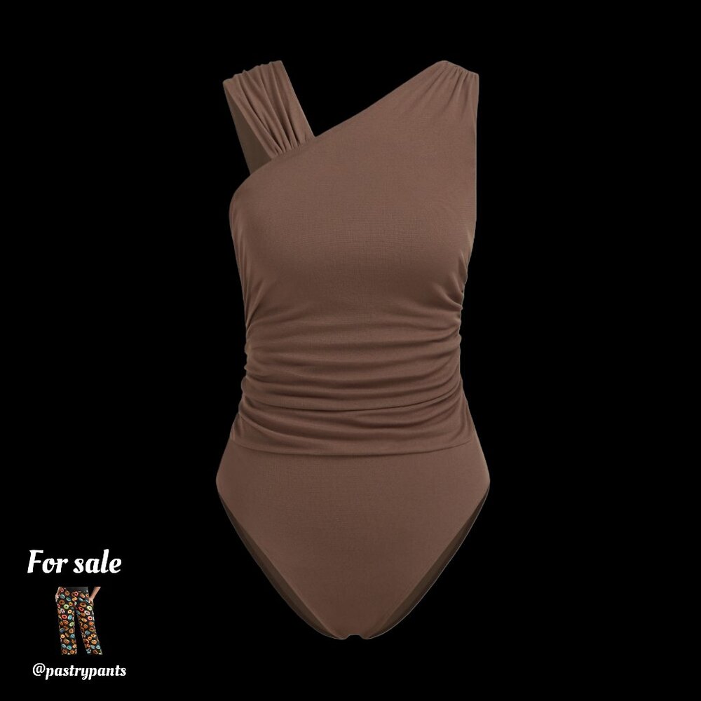 Asymmetrical Neck Solid Ruched camel brown Bodysuit SOLD OUT sz S NWT
